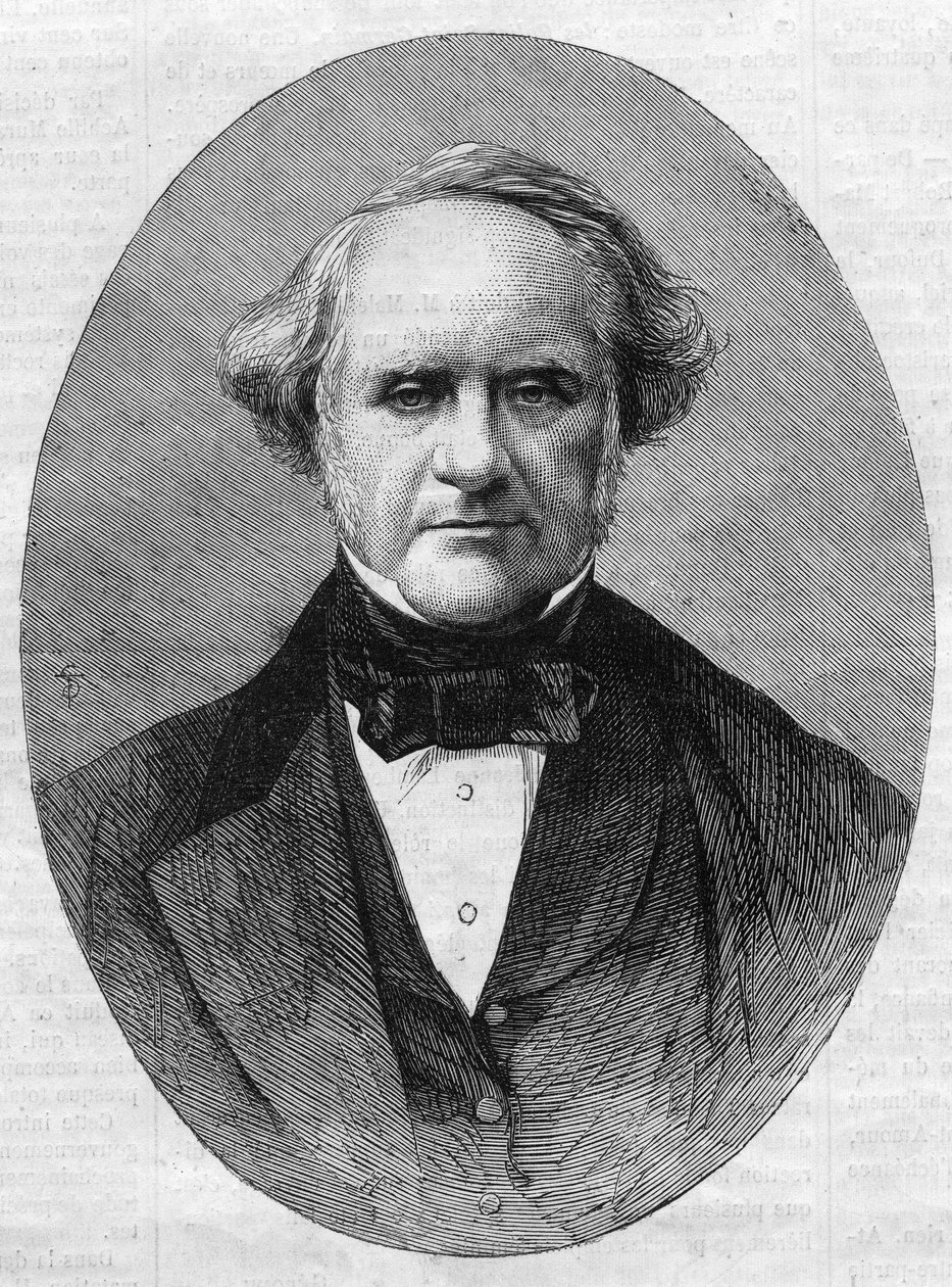 Portret van George Peabody (1795-1869) ondernemer en filantroop oprichter van het Peabody Institute Conservatorium van de Johns Hopkins University in Maryland, Verenigde Staten. Gravure in 