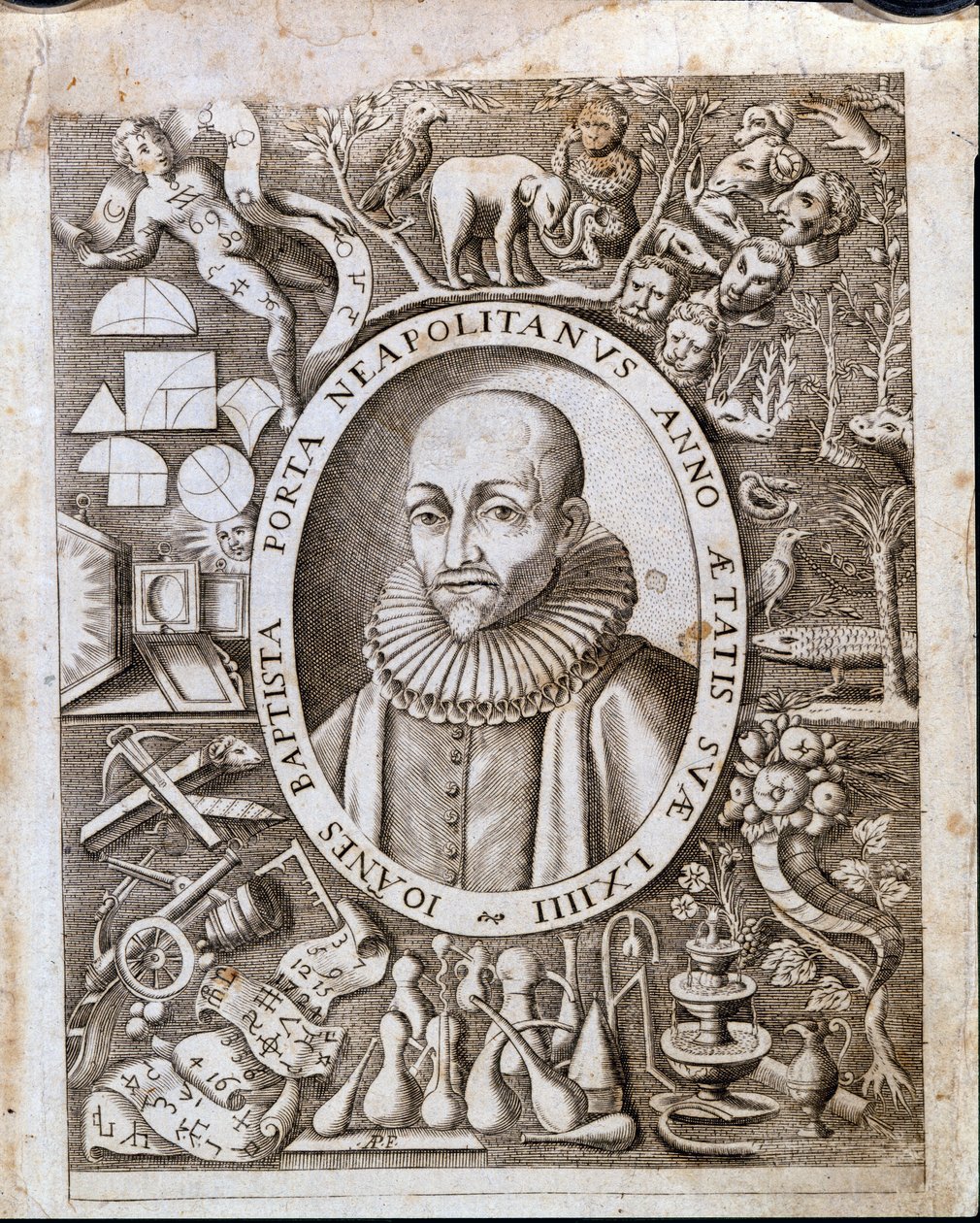 Portret van Giambattista della Porta op het frontispice van 