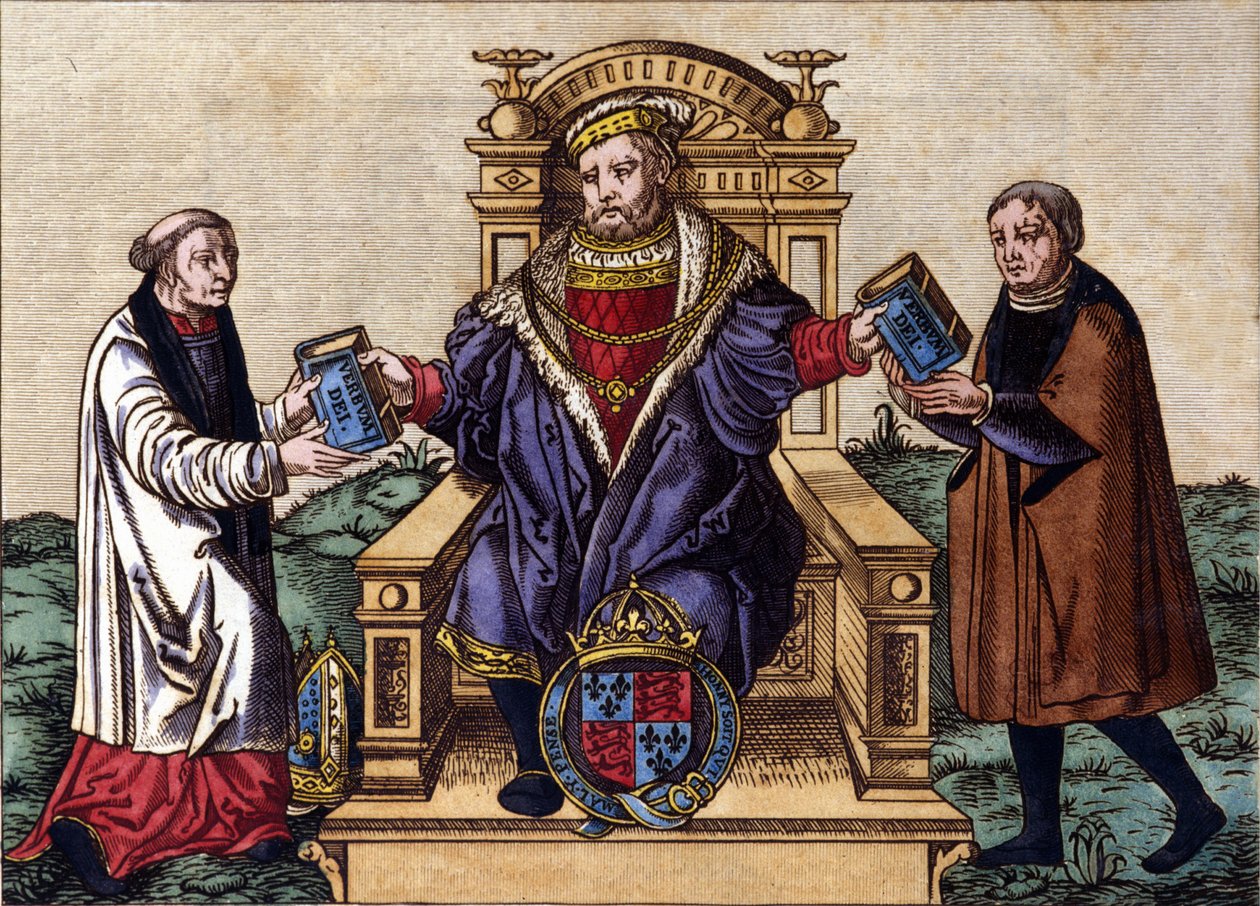 Portret van koning Hendrik VIII van Engeland (1491 - 1547) op zijn troon, de Bijbel overhandigend aan twee hovelingen. Kleurgravure. door Unknown artist