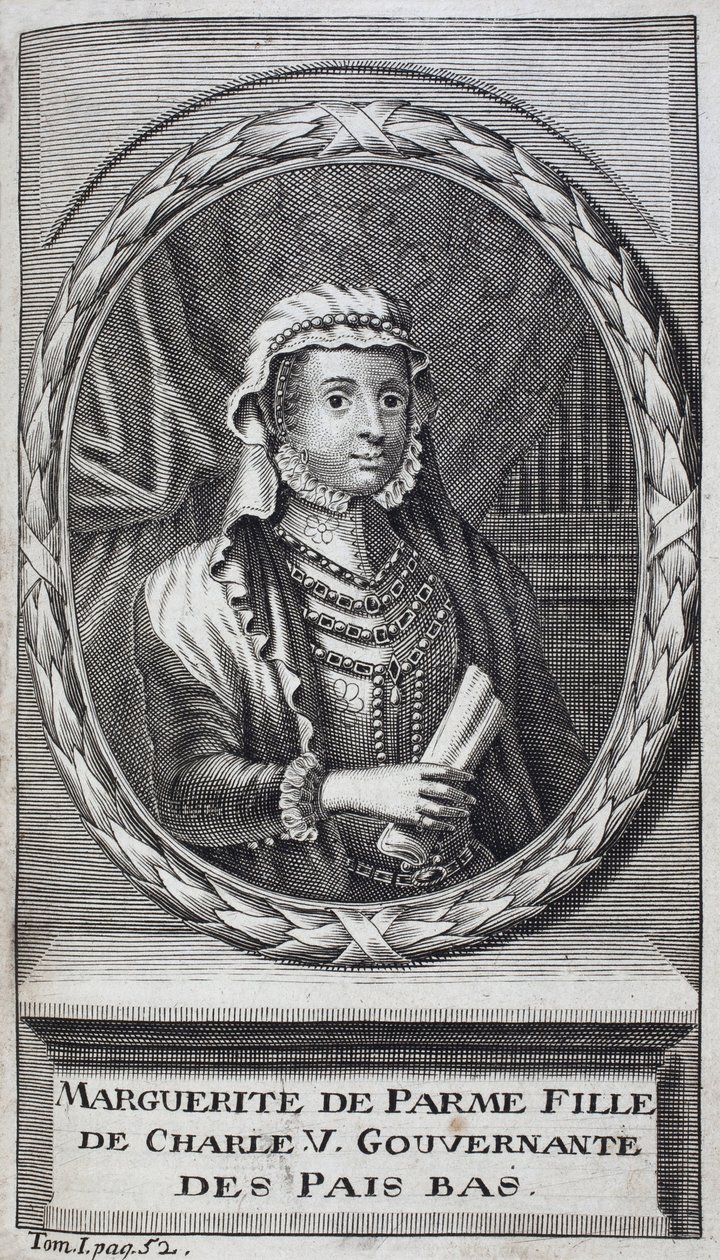 Portret van Margarita van Parma (of Margarita van Oostenrijk) (1522-1586), hertogin van Parma en Piacenza, natuurlijke dochter van Karel V (1500-1558) en gouvernante van de Nederlanden (Nederland) van 1559-1581. Gravure ter illustratie van 