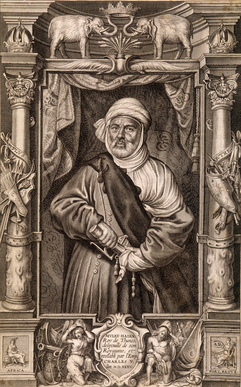 Portret van Muley Hazen (Moorse koning), Koning van Thunes ontdaan van zijn koninkrijk en hersteld door Keizer Karel V, Tunesië 1535 door Unknown artist