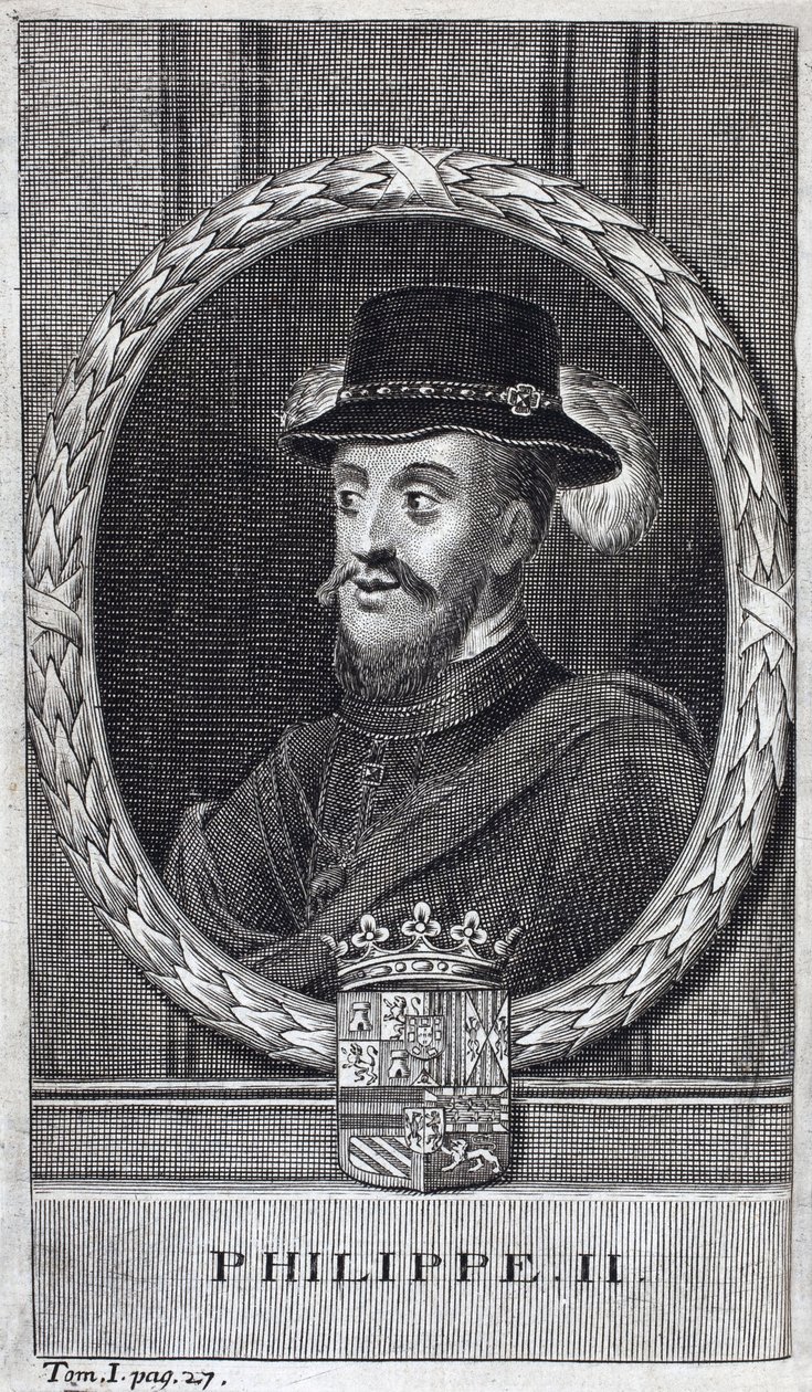 Portret van Filips II van Spanje (Felipe) (1527-1598), koning van Spanje en Portugal. Gravure ter illustratie van 