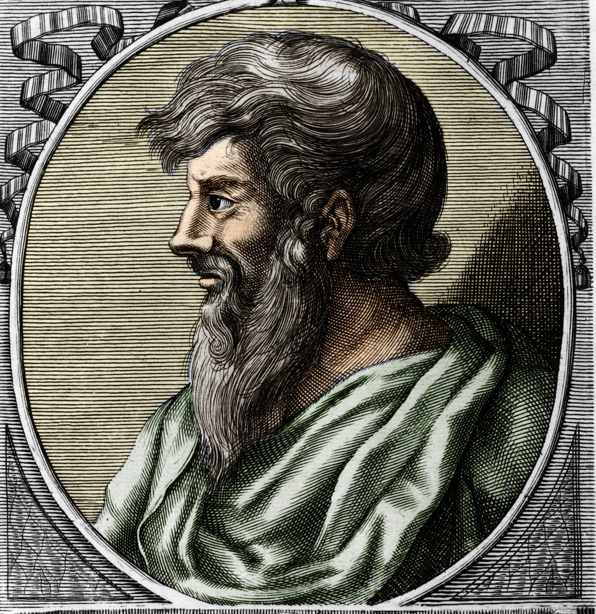 Portret van Pythagoras (ca. 570 - ca. 480 v.Chr.), Griekse wiskundige en filosoof. Gravure uit de 18e eeuw door Unknown artist