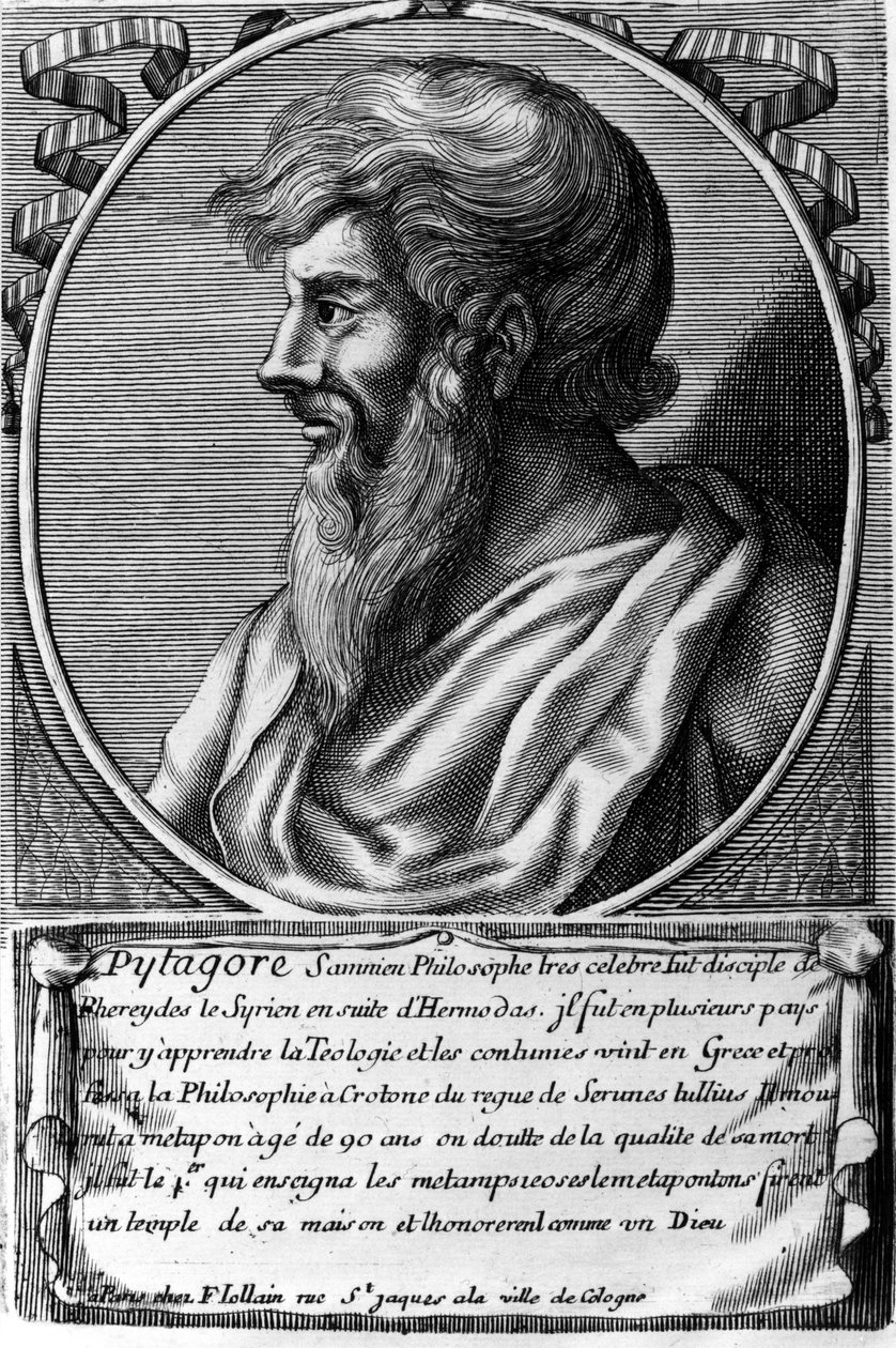 Portret van Pythagoras (ca. 570 - ca. 480 v.Chr.), Griekse wiskundige en filosoof. Gravure uit de 18e eeuw. door Unknown artist