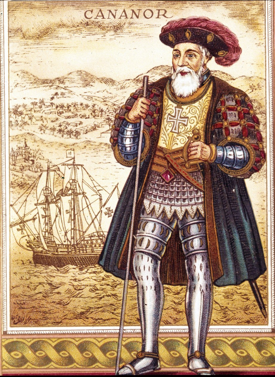 Portret van Vasco de Gama (chromolithografie) door Unknown artist
