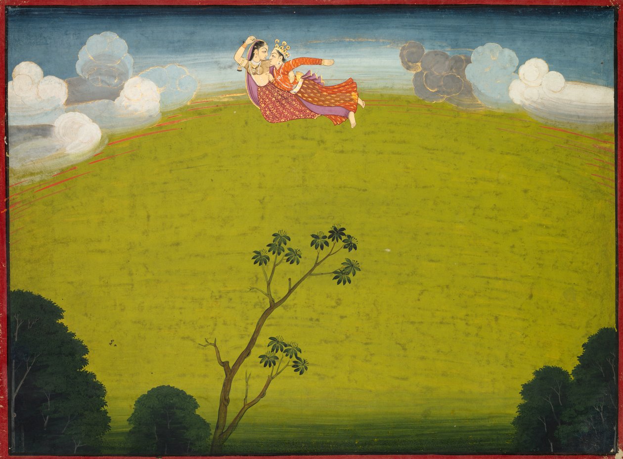 Pradyumna en Mayavati Vliegen naar Dvaraka, uit de Grote Basohli Bhagavata Purana door Unknown artist