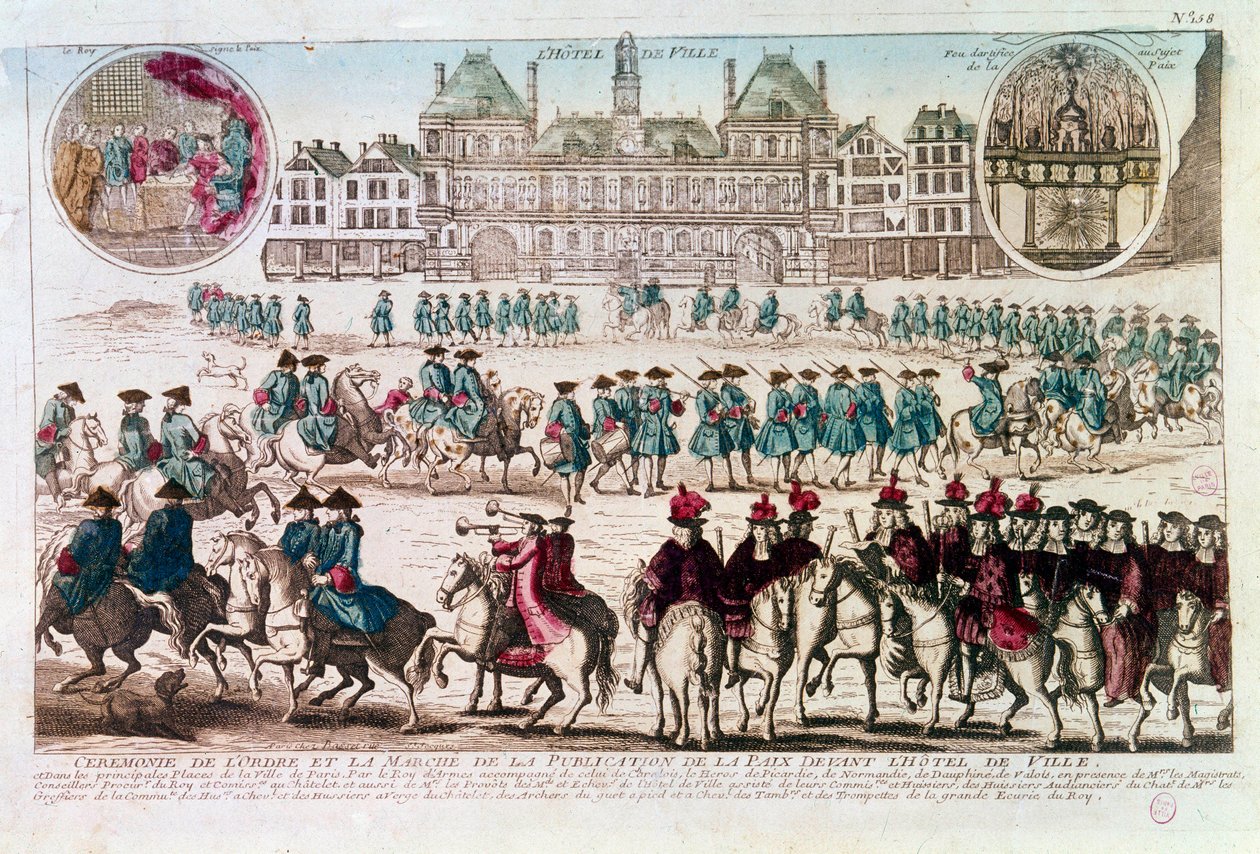 Processie ter gelegenheid van de Vredespublicatieceremonie voor het Stadhuis (Place de Greve). Gravure uit de 18e eeuw B.N. Parijs door Unknown artist