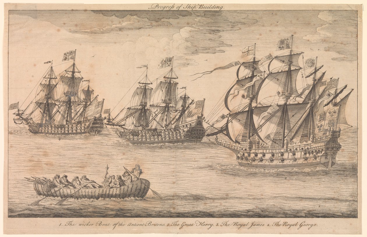 Voortgang van de scheepsbouw. 1. De rieten boot van de oude Britten 2. De Grote Harry 3. De Koninklijke James 4. De Koninklijke George door Unknown artist