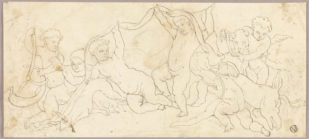 Putti aan het Spelen met Hert en Hond door Unknown artist