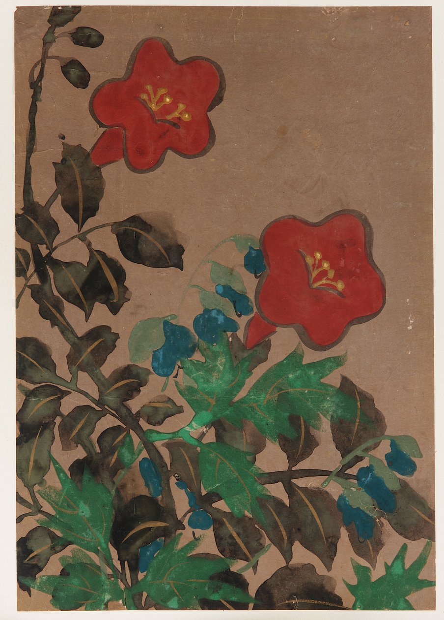 Rode en Blauwe Bloemen en Bladeren door Unknown artist