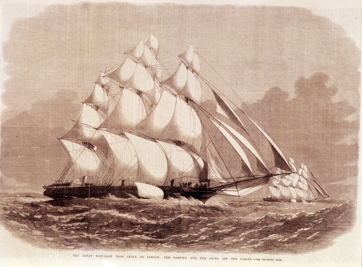Regatta tussen de Ariel en Taeping clippers in 1866 door Unknown artist