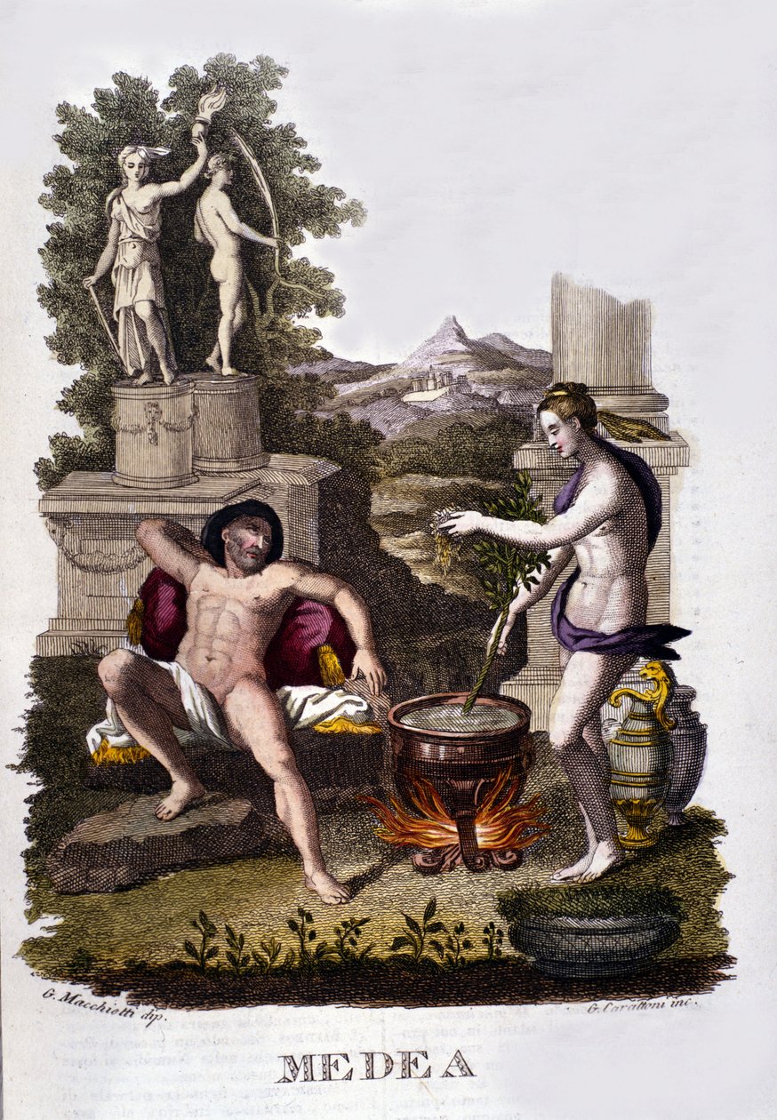 Voorstelling van Medea die zijn vervloekingen voorbereidt na de cyclus van Argonauten. Gravure uit de 19e eeuw. door Unknown artist