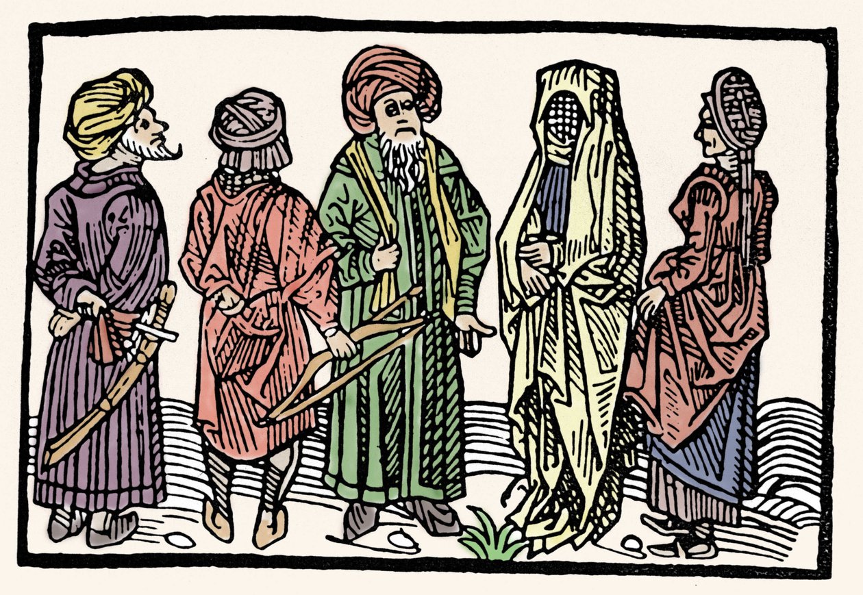 Voorstelling van boekweit. Mannen met armen met verstrengelde hoofden en gesluierde vrouwen. Houtsnede uit de 15e eeuw door Unknown artist