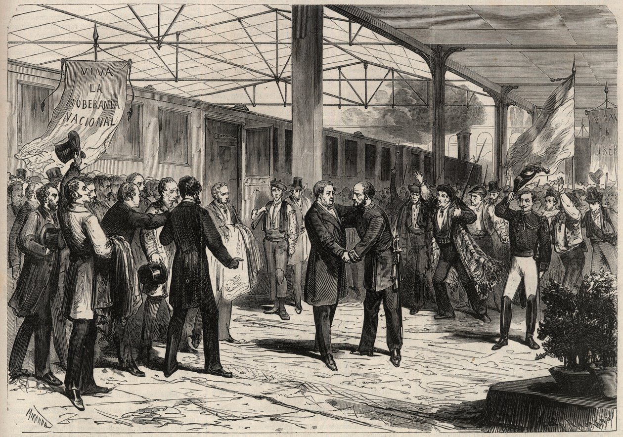 Revolutie van september 1868 in Spanje (Gloriosa): aankomst van Salustiano Olozaga (1805-1873) in Madrid. Gravure in 