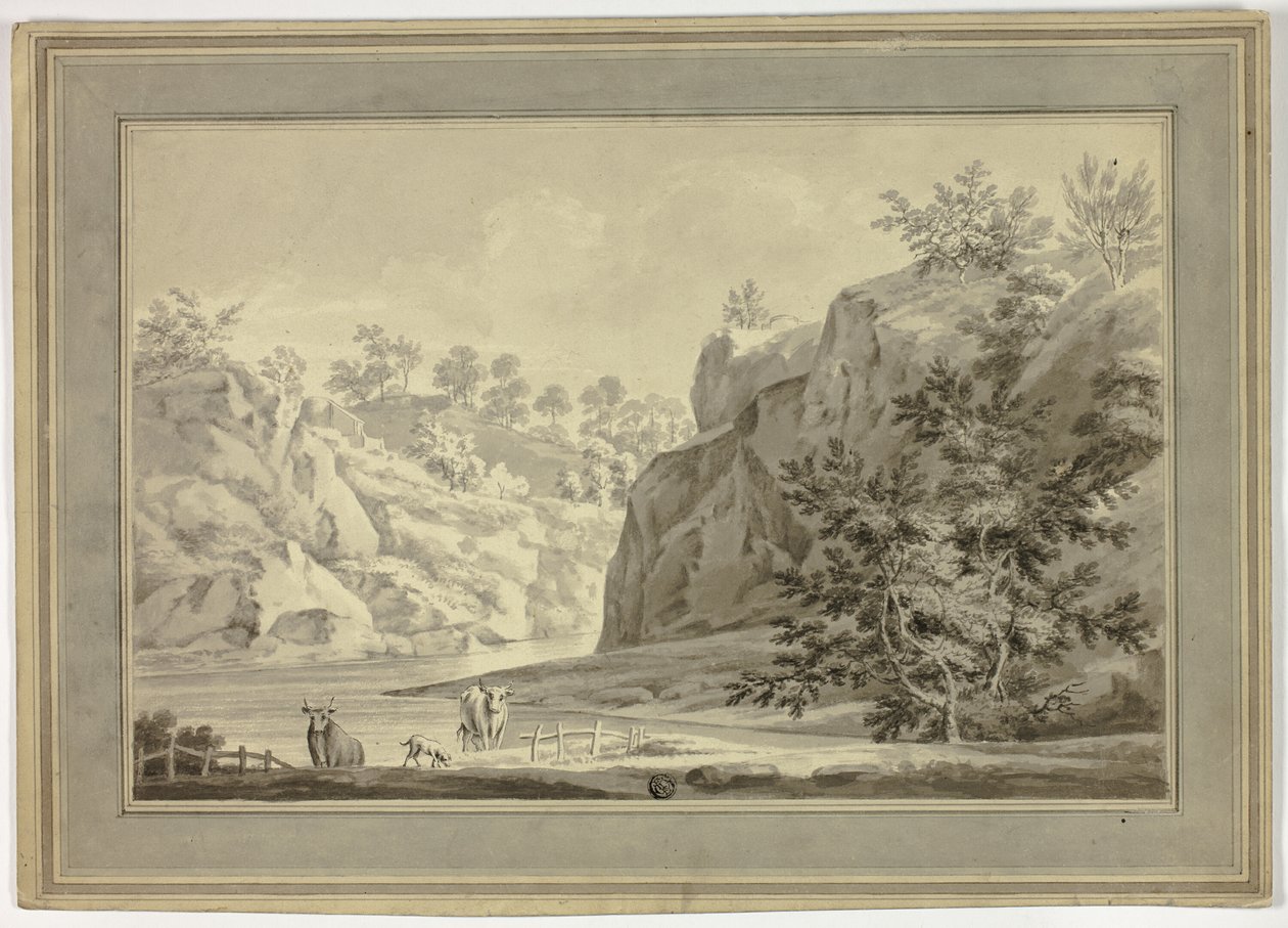 Rivierlandschap met koeien en hond op de voorgrond door Unknown artist