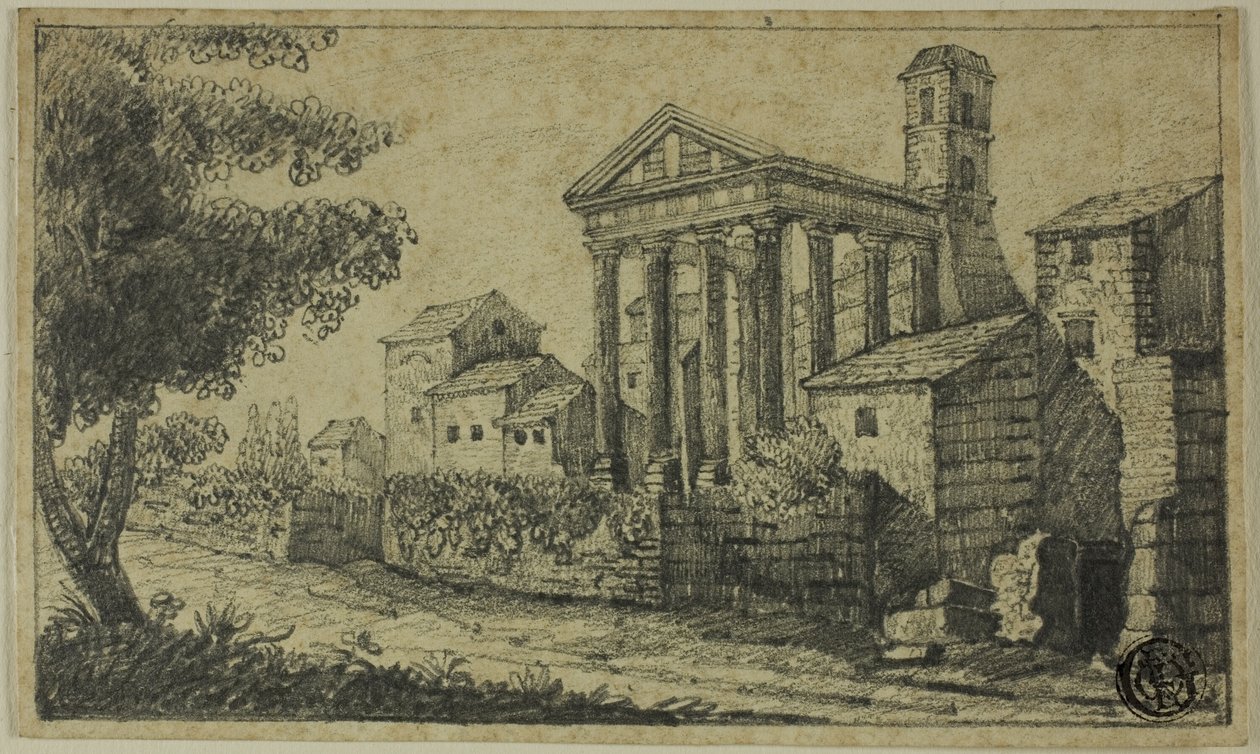 Rivierlandschap met Romeinse tempel door Unknown artist
