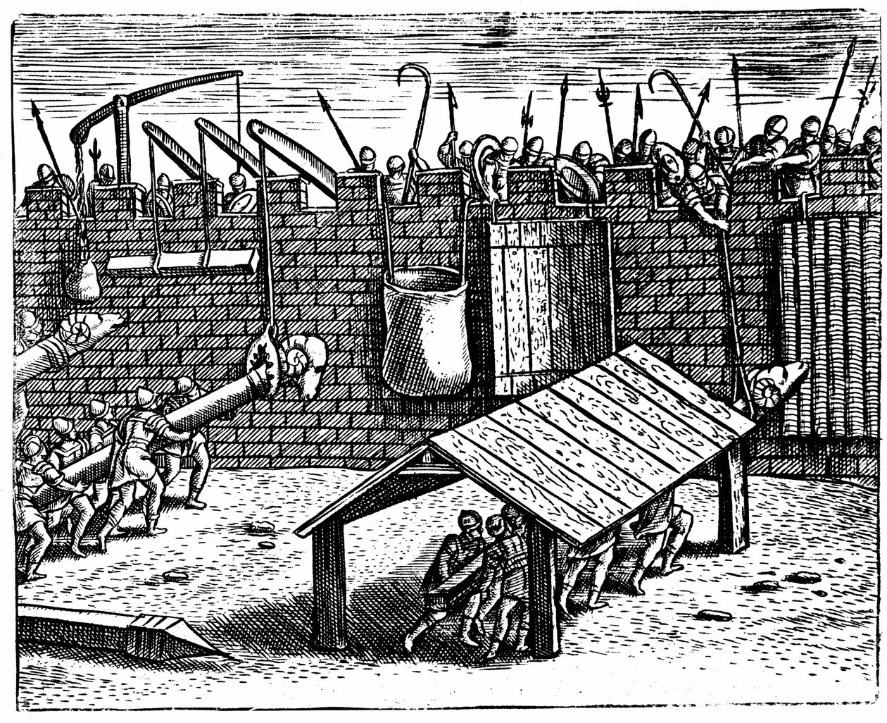 Romeinse oorlogvoering. Verdedigers proberen stormrammen uit te schakelen door Unknown artist