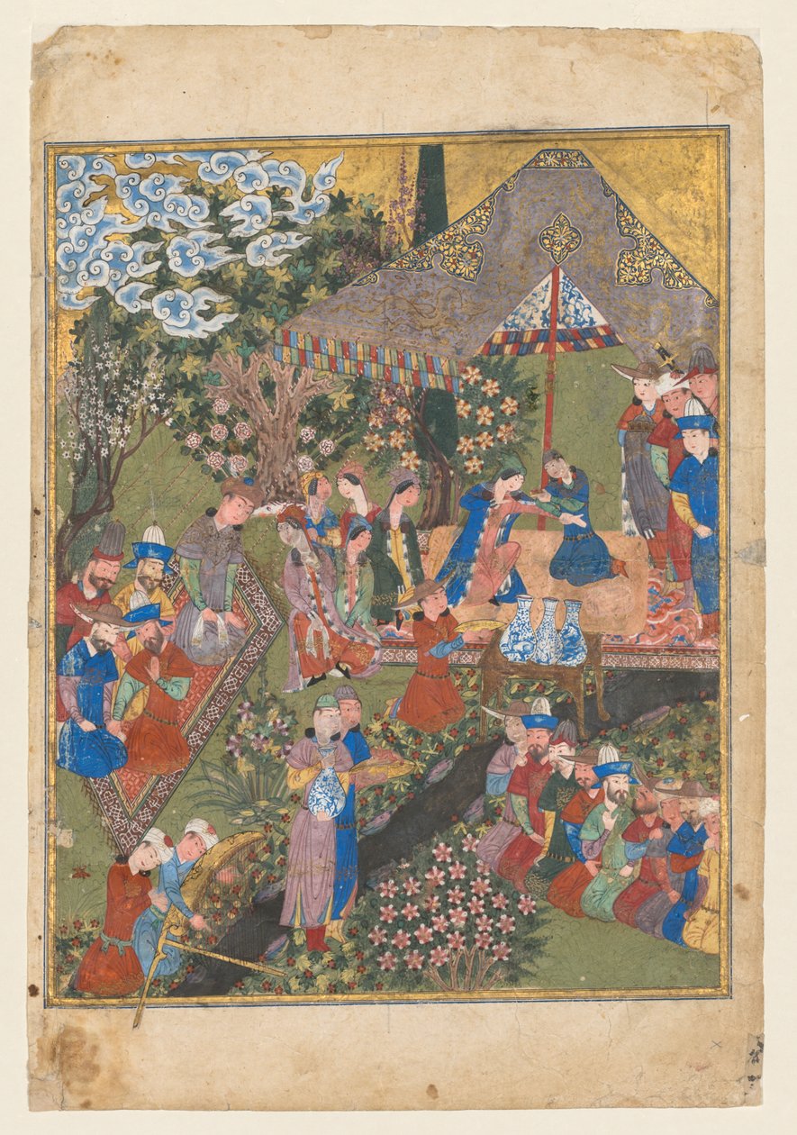 Koninklijke Ontvangst in een Landschap, rechter folio van het dubbele frontispice van een Shahnama (Boek der Koningen) van Firdausi (Perzisch, ongeveer 940–1019 of 1025) (verso) door Unknown artist