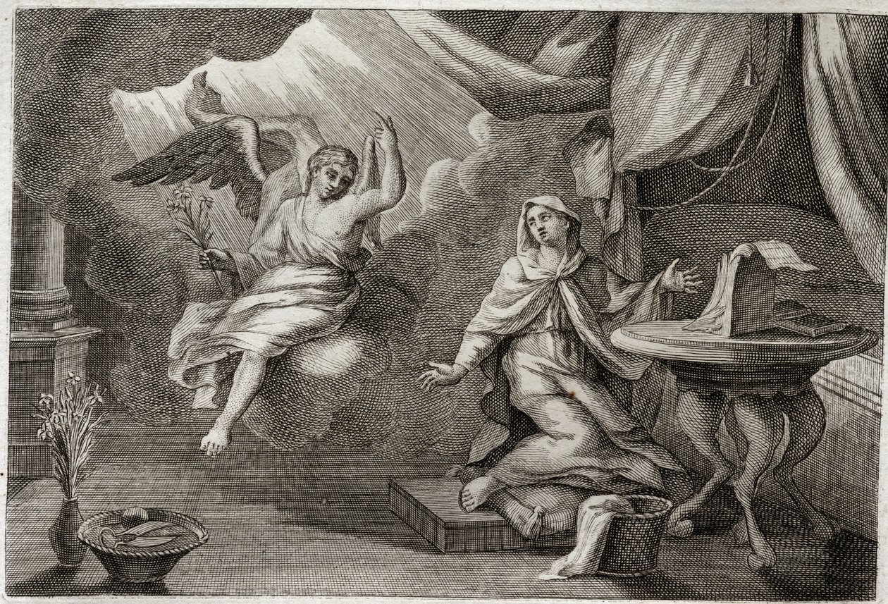 Royaumont Bijbel, Nieuwe Testament: Aankondiging aan de Maagd. Aartsengel Gabriël is gekomen om een boodschap aan Maria over te brengen. Illustratie uit 1811. door Unknown artist