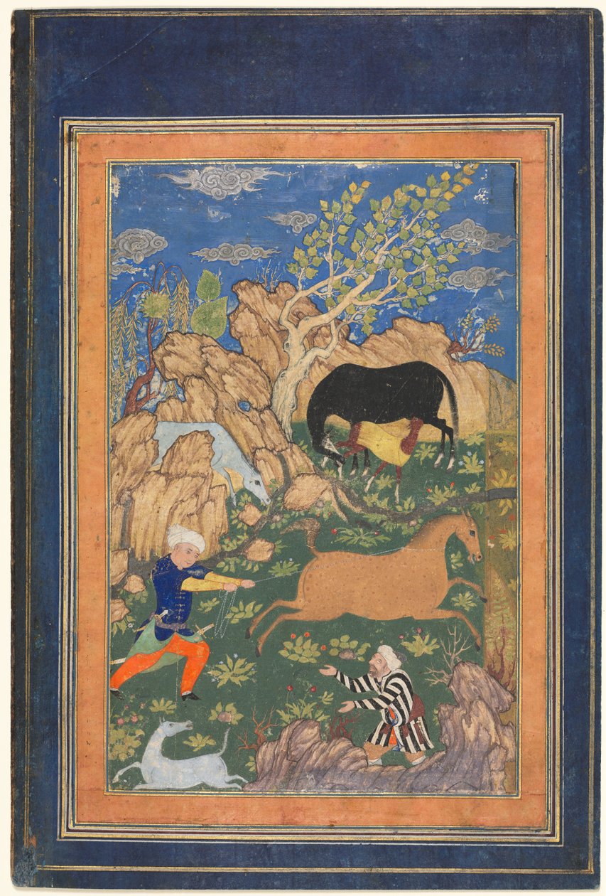 Rustam die zijn paard, Rakhsh, in een landschap lasso