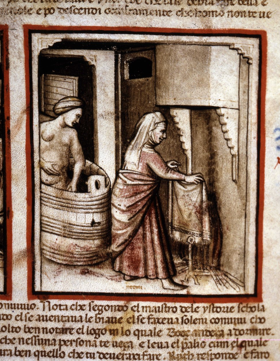 Ruth maakt haar toilet met de hulp van haar schoonmoeder Noemi voordat ze in het bed van haar man Boaz slaapt. Boek van Ruth. Miniatuur uit codex 212 (of padovano codice of Bijbel van Padua) 1390-1400 Rovigo, Accademia dei Concordi door Unknown artist
