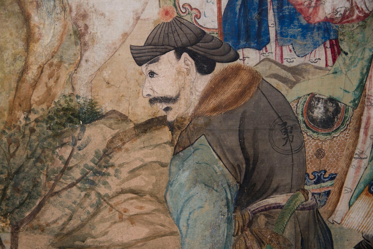 Scènes uit het dagelijks leven in China, detail van het Chinese behang, Chinees kabinet, Jachthuis, door Filippo Juvarra (1678-1736), Stupinigi, Piëmont, Italië door Unknown artist