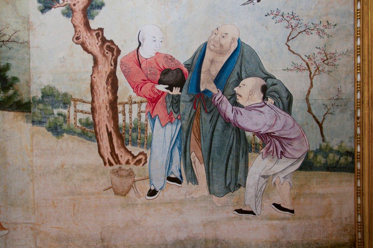 Scènes uit het dagelijks leven in China, detail van het Chinese behang, Chinees kabinet, Jachthuis, door Filippo Juvarra (1678-1736), Stupinigi, Piëmont, Italië door Unknown artist