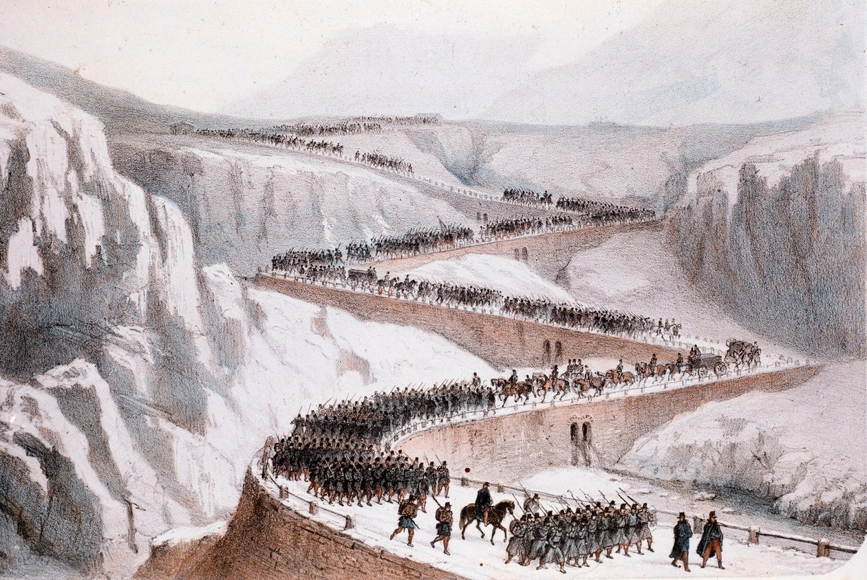 Tweede Italiaanse Onafhankelijkheidsoorlog: de oversteek van Moncenisio door het Franse leger op 29 april 1859 (Prent) door Unknown artist