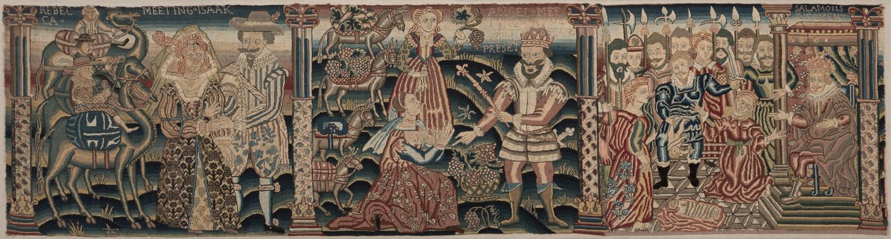 Sectie van een geborduurde fries: Rebecca ontmoet Isaac, Abigail ontmoet David met een geschenk, Het oordeel van Salomo door Unknown artist