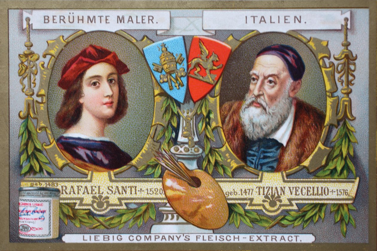 Serie schilderijen van beroemde schilders, Rafael Santi en Tiziano Vecellio, Italië door Unknown artist