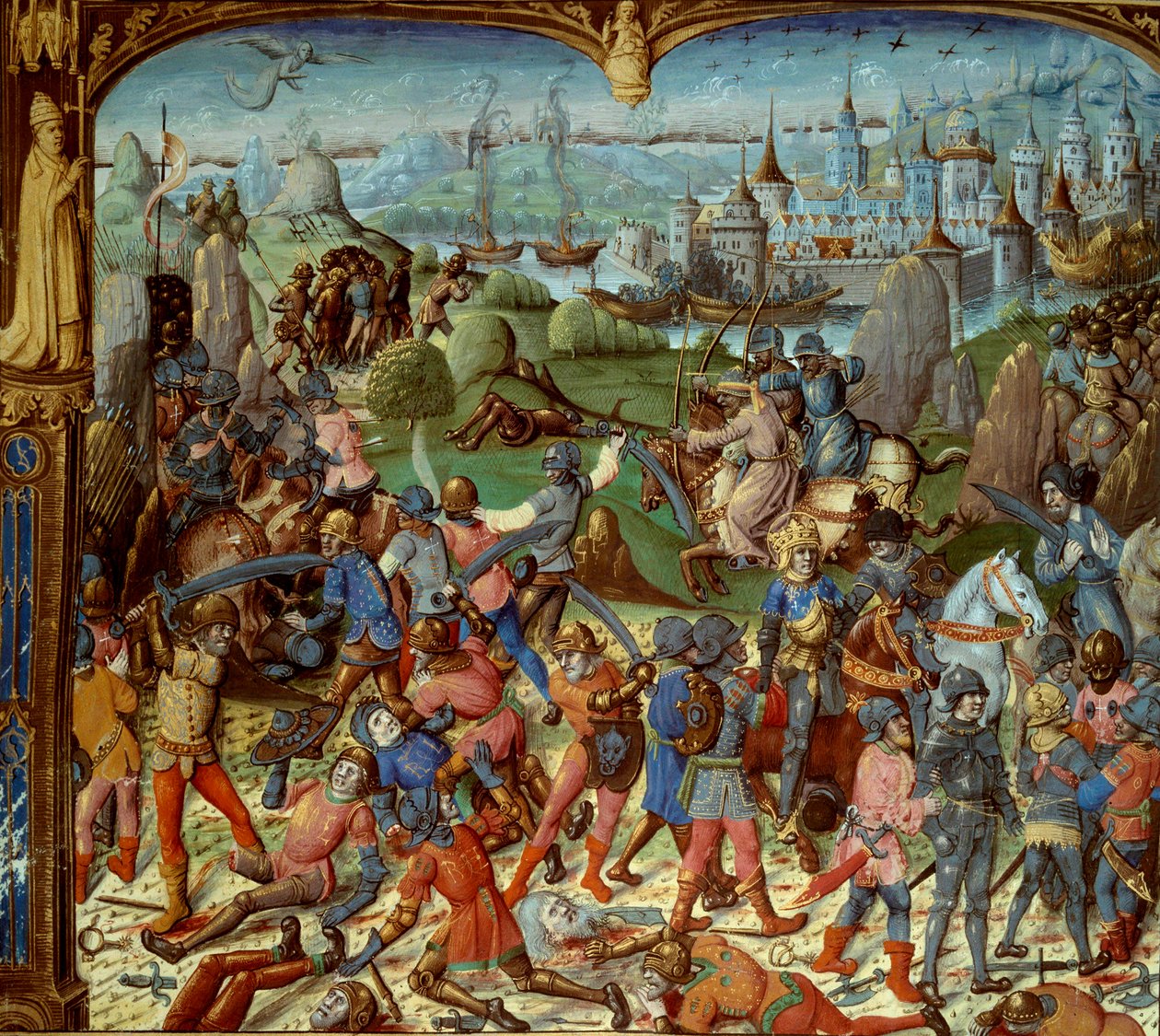 Zevende Kruistocht (1248-1254). Lodewijk IX (Saint Louis) (1215-1270), koning van Frankrijk, met de kruisvaarders na de nederlaag tegen de Saracenen bij Mansourah in 1250. Ze trokken zich terug achter de torens van Damascus. Lodewijk IX en zijn twee broers door Unknown artist