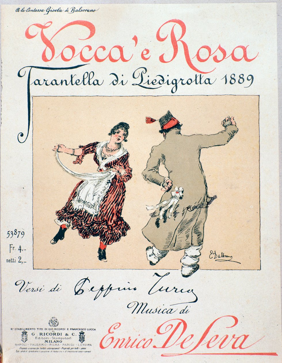 Bladmuziekomslag van de tarantella Vocca e Rosa door Enrico de Leva door Unknown artist