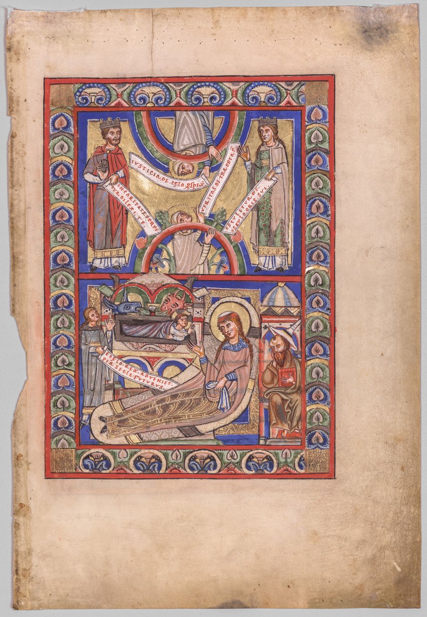 Enkel blad uit een evangelieboek: De geboorte (recto) door Unknown artist