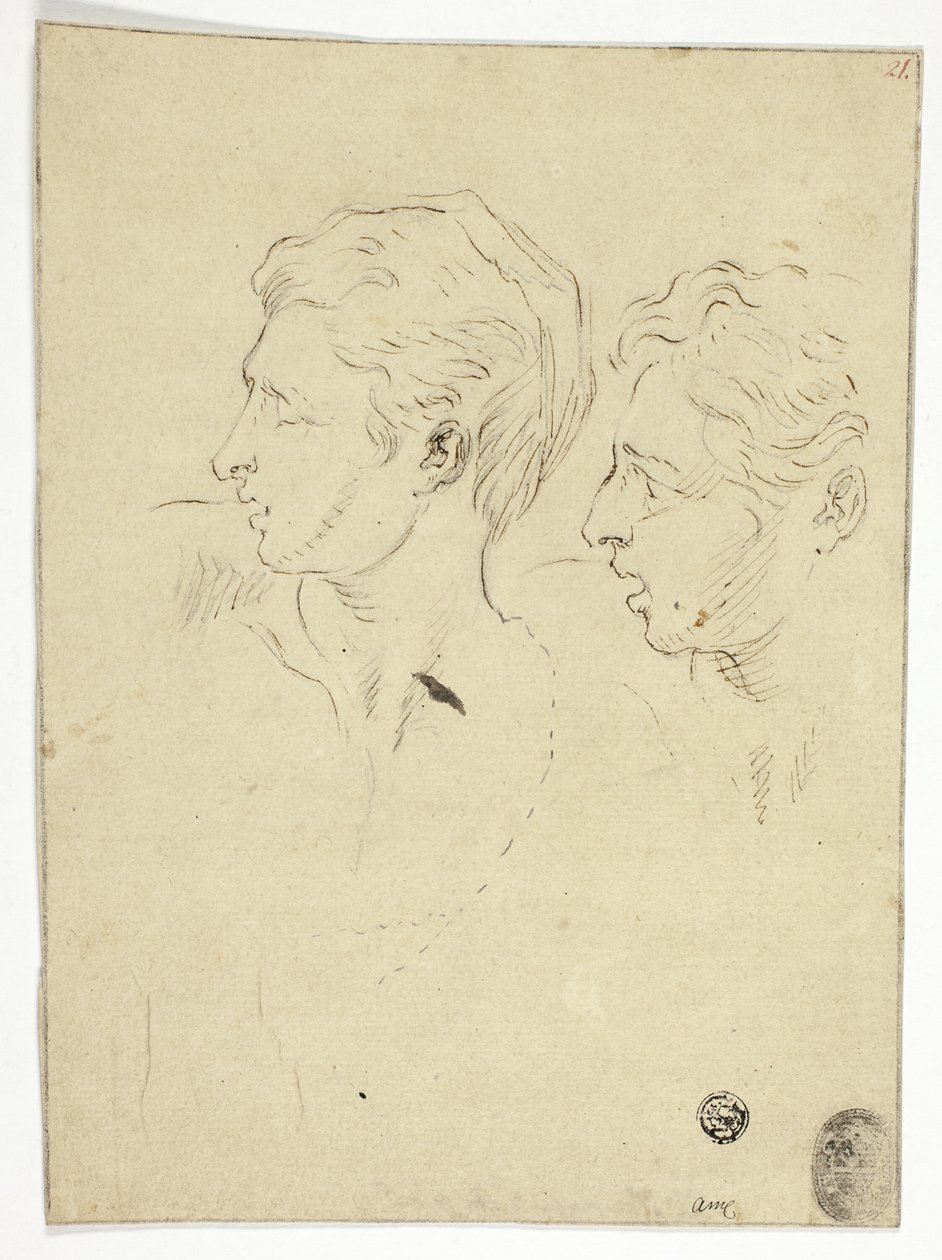 Schets van Twee Mannen die naar Links Kijken door Unknown artist