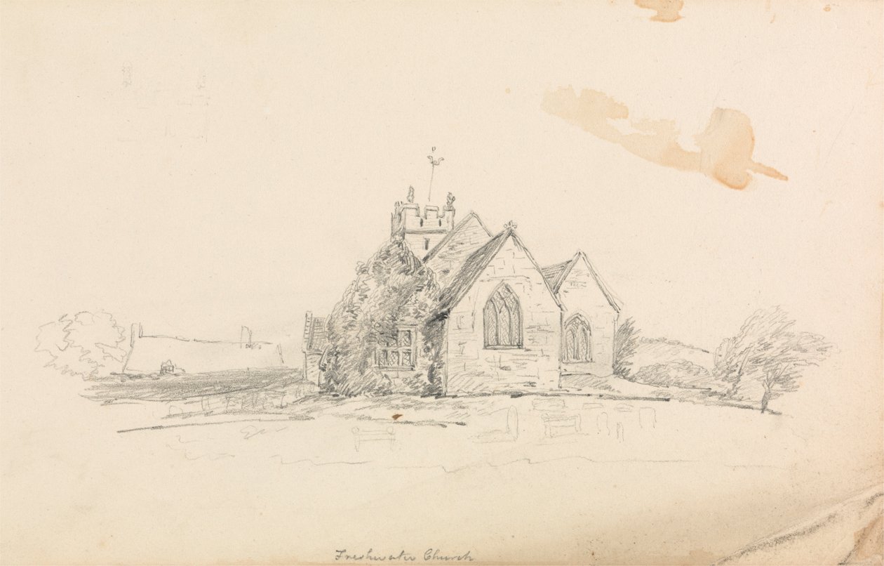 Schets van een kleine landelijke kerk; schets van een schip door Unknown artist