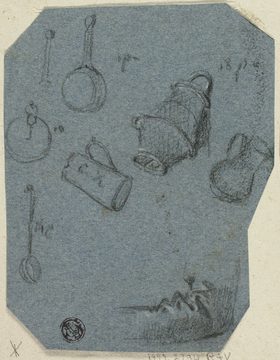 Schetsen van keukengerei, gebogen arm (recto); historisch tafereel (verso) door Unknown artist