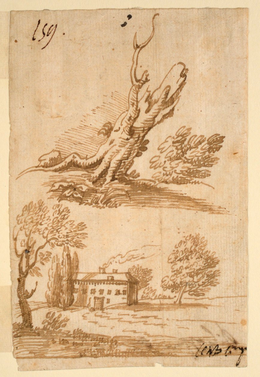 Schetsen van een villa en boom door Unknown artist