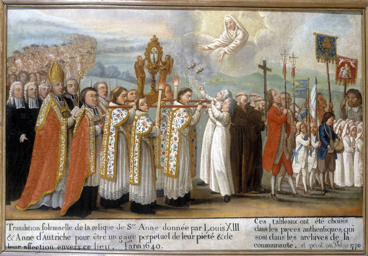 Plechtige overbrenging van het relikwie van Sint Anna geschonken door Lodewijk XIII en Anna van Oostenrijk als een eeuwigdurend teken van hun vroomheid en genegenheid voor deze plaats, in het jaar 1640 - Ex-Voto van Sainte-Anne d