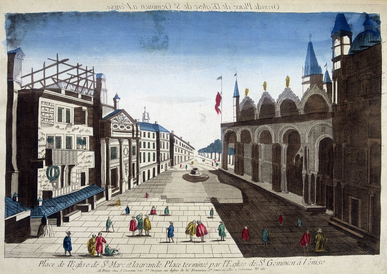 Plein van de Kerk van San Marco en het Grote Plein voltooid door de Kerk van San Geminiano in Venetië. Gravure uit de 18e eeuw door Unknown artist