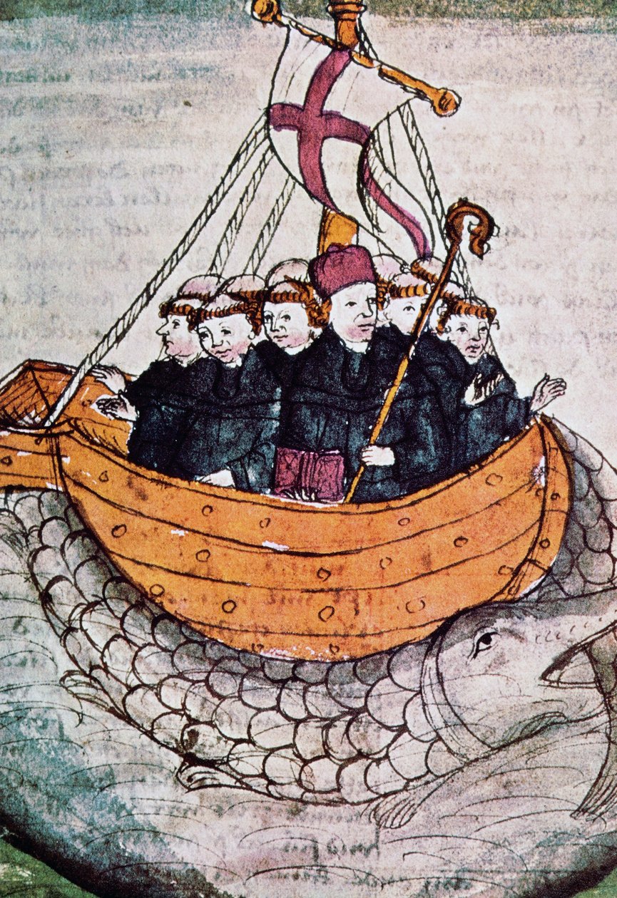Sint Brendan op walvis, miniatuur uit Manuscriptum translationis Germanicae door Unknown artist