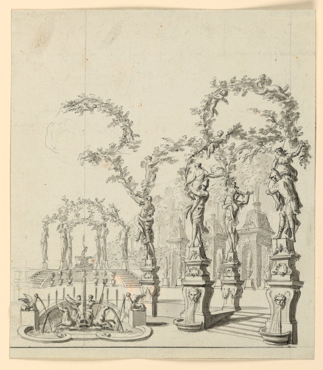 Toneelontwerp: Tuinarchitectuur met fontein en sculpturen door Unknown artist
