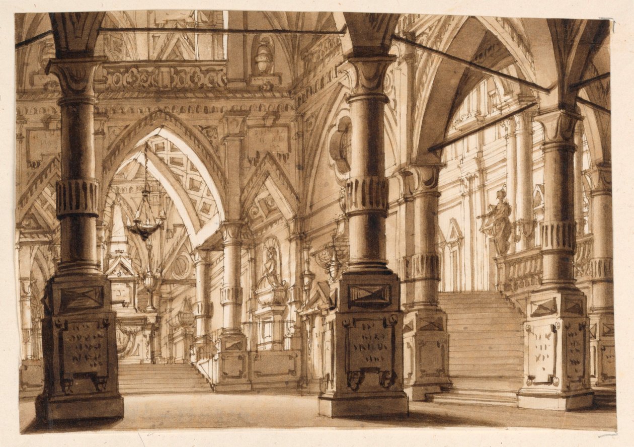Toneelontwerp, interieur van gotische kerk door Unknown artist