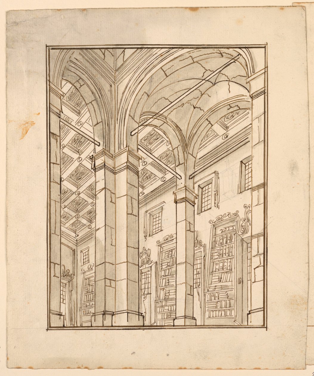 Toneelontwerp: bibliotheekinterieur met bogen door Unknown artist