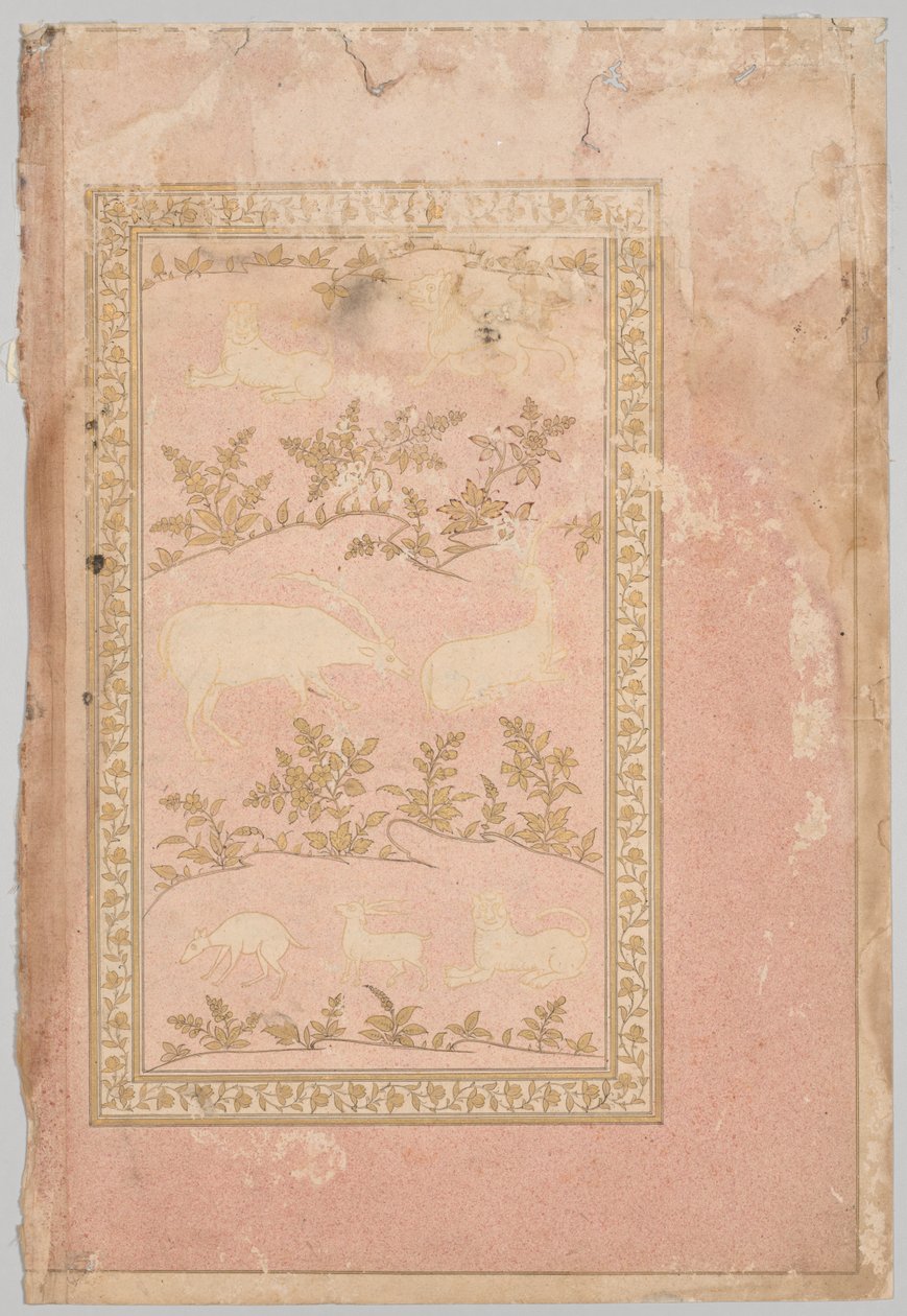 Gesjabloneerde Scènes van Leeuw en Gazelle (verso) door Unknown artist