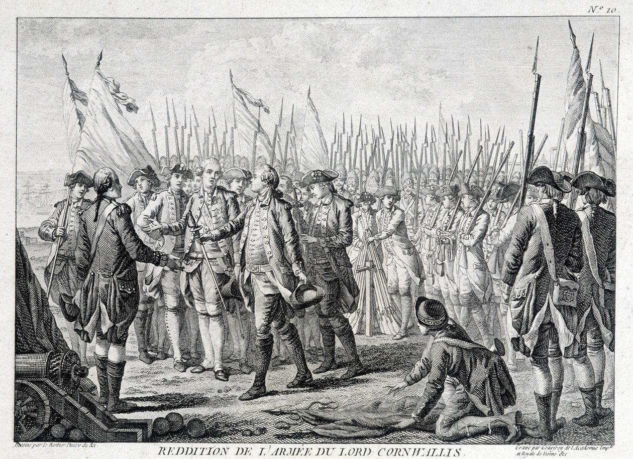 Overgave van het Britse leger van Lord Cornwallis (1738 - 1805) aan Amerika op 19 oktober 1781. door Unknown artist