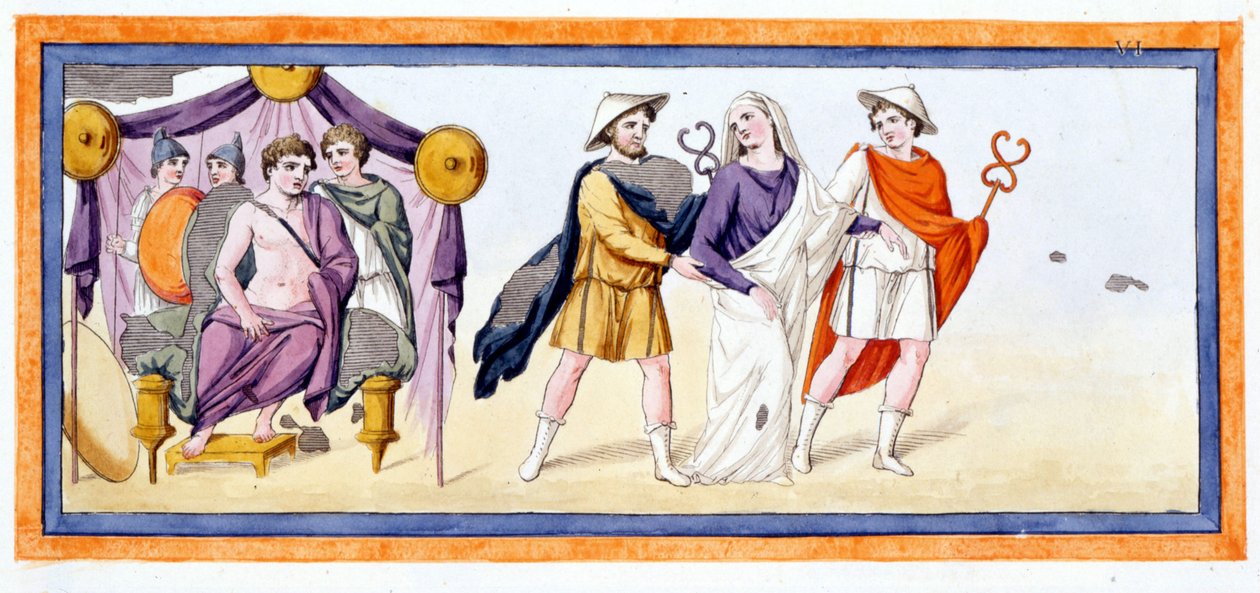 Talthybios en Eurybates brengen de maagd Briseis voor Achilles, die in de tent van de Myrmidonen staat. Ilias Zang I, v 345. Gravure uit het einde van de 18e eeuw. door Unknown artist