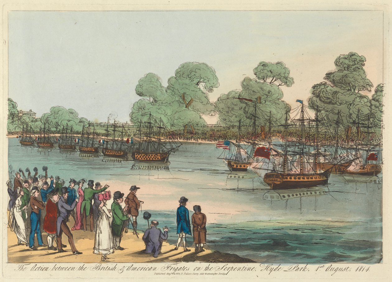 De actie tussen de Britse en Amerikaanse fregatten op de Serpentine, Hyde Park 1 augustus 1814 door Unknown artist