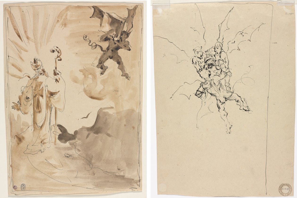 De Bisschop en de Demon (recto); Drie Demonen die een Ridder Vasthouden (verso) door Unknown artist
