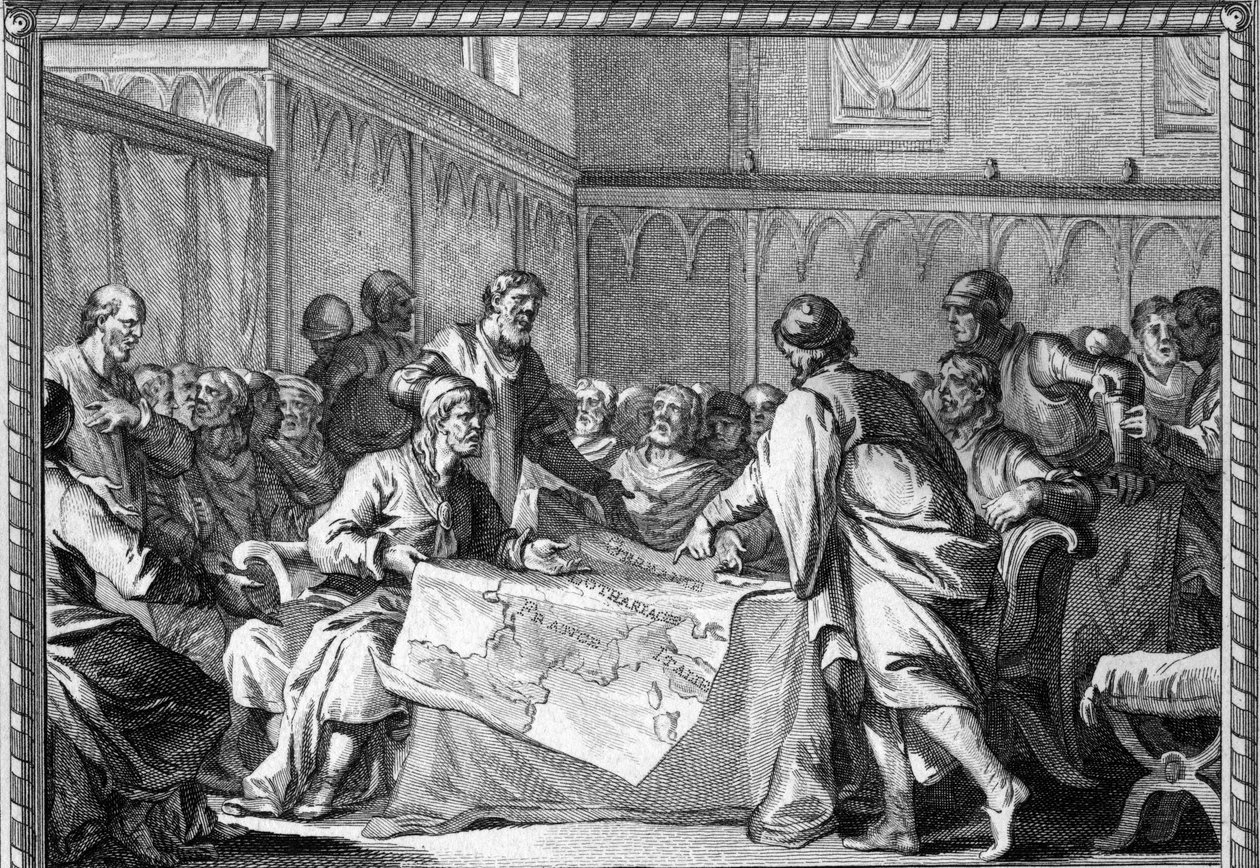 Het Karolingische Rijk werd verdeeld tussen de drie zonen van Lodewijk de Vrome: Lotharius I, Lodewijk de Duitser en Karel de Kale, volgens het Verdrag van Verdun (843). Gravure uit de 18e eeuw door Unknown artist