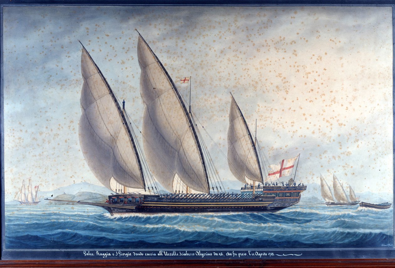 De Genuese galeien Raggia en San Giorgio achtervolgen de Algerijnse chebec Uccello. 11 augustus 1788 door Unknown artist